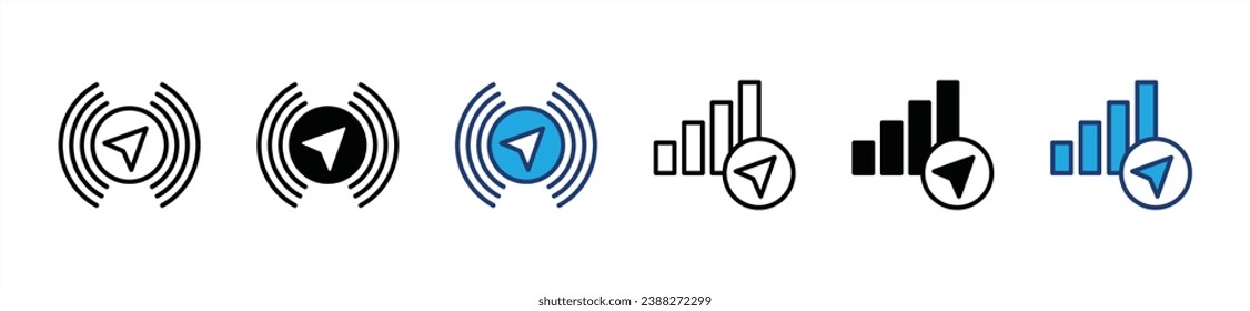 GPS signal icons. GPS signal strength icon symbol. Navigation arrow with Wi-fi or wireless connection. Vector illustration