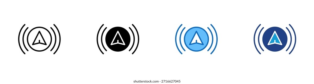 GPS Signal Multiple Style Icon Design Vector - triangular pointer with signal waves representing GPS navigation or active location tracking