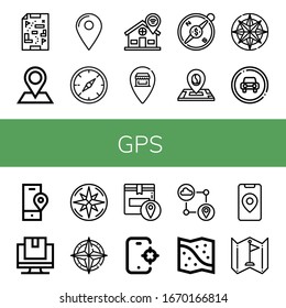 gps simple iconos set. Contiene iconos como mapas, pines, ubicación, brújula, señal de tráfico, seguimiento, gps, mapa del espacio, marca, que se pueden utilizar para web, móvil y logotipo