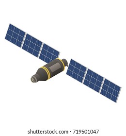 GPS space satellite with solar panels. Isometric view. Wireless technology. Navigation system. Flat 3D vector illustration.