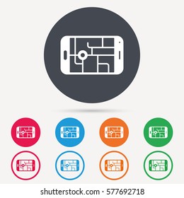 Gps street navigation icon. Smartphone device symbol. egg concept. Round circle buttons. Colored flat web icons. Vector