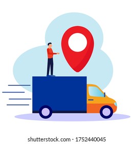 GPS system, cartographic display, location on the city map, man to the location with the help of navigation, paved road to the car - Vector.
