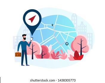 Gps system. Cartography display. Location on the city map. Navigation in the smartphone. The global positioning system concept. A man walks the short route laid in the phone to his home