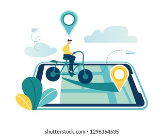 Sistema GPS, mapeo de cartografía, ubicación en un mapa de la ciudad, navegación en un smartphone y una tableta, el camino está pavimentado al vector de la bicicleta