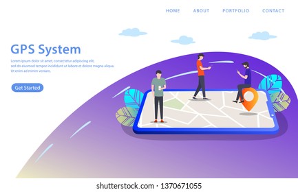 gps system vector illustration concept, people at the top and side of the book are learning via a gadget, can use for, landing page, template, ui, web, mobile app, poster, banner, flyer