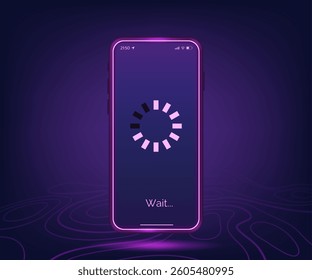 GPS technology. Download waiting. Mobile screen UI. Cellphone interface. Digital navigation. Loading bar. Smartphone load indication. Upload progress. Buffering process. Glowing phone vector banner