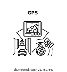 Gps Technology Vector Icon Concept. Gps Technology For Searching Way On Water In Sea And On Road In City. Satellite Equipment For Guiding Driver And Navigating On Route Black Illustration