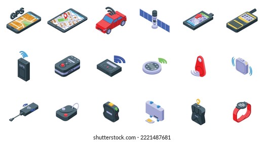 Los iconos del rastreador de GPS configuran un vector isométrico. Aplicación para coches. Ciudad del teléfono