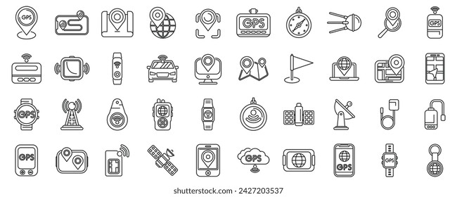 GPS tracker icons set outline vector. Car geolocation app. City navigation map