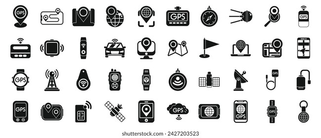 GPS tracker icons set simple vector. Car geolocation app. City navigation map