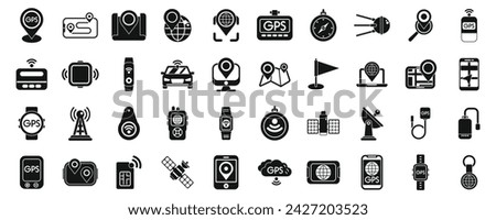 GPS tracker icons set simple vector. Car geolocation app. City navigation map