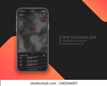 Aplicación móvil GPS Tracker con configuración avanzada UI UX Concepto de maqueta en pantalla de Smartphone sin marco realista aislada en fondo negro. Aplicación deportiva