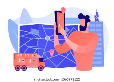 GPS tracker on postal agent truck. Watching delivery in real time. Post service tracking, parcel monitor, track and trace your shipment concept. Pinkish coral bluevector isolated illustration