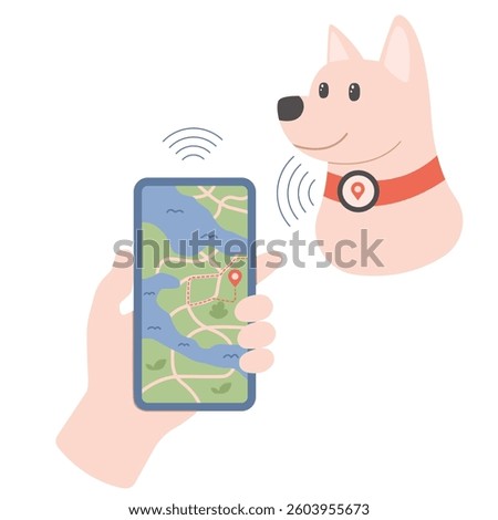 GPS tracker for pet Dog location in park Transfer information to mobile phone application vector illustration