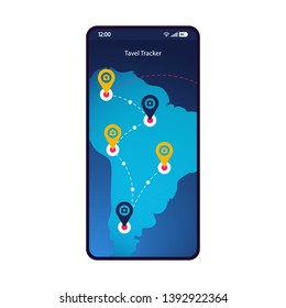 GPS tracker smartphone interface vector template. Travel route tracking mobile page design layout. Tour destination planner screen. Tourist navigation application flat UI. Phone display with map pins