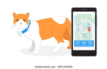 GPS tracker for walking a cat. A smartphone with a city map shows the movement of pets. A pet tracking app. Vector flat trend illustration on white background.