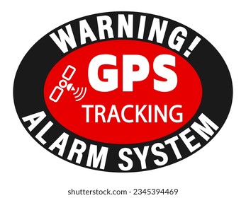 Gps tracking with alarm system. Warning sign anti thieves for  vehicle security. Oval shape sticker with silhouette of a satellite and text.