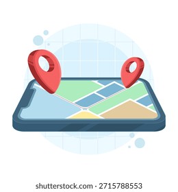 Concepto de seguimiento GPS con teléfono inteligente, mapa de navegación y pin de ubicación. Ilustración vectorial para la guía de rutas, navegación móvil, servicio de ubicación y dirección de mapas.