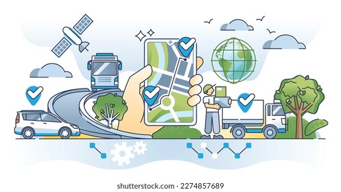 GPS-Ortungsgeräte für die Satellitenortungsortungs-Rahmenkonzeption. Globales Ortungssystem für die Sendungsverfolgung und Kurierroute für die Lieferung von Vektorgrafik. Zeigen Sie auf der Routenkarte.