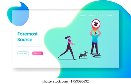 GPS Tracking for Escaped and Lost Pets Landing Page Template. Woman Catch Dog and Cat Running Fast, Male Character Hold Huge Geolocation Pin with Animal Paw Print. Cartoon People Vector Illustration
