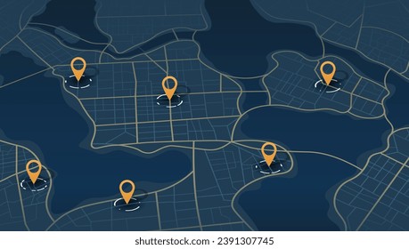 Mapa de seguimiento de Gps. Resumen de la ubicación isométrica sigue el tablero de mandos. Rastrear los pines de navegación en mapas callejeros, navegar por la asignación, localizar el pin de posición. Mapa de viaje futurista o vector de localización