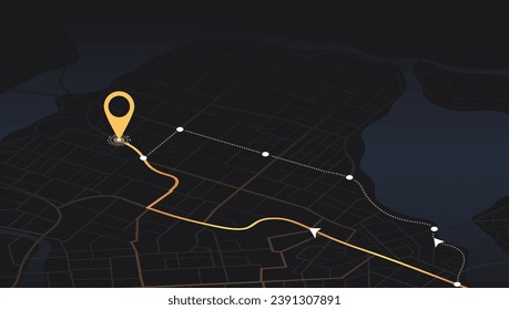 Gps tracking map. Abstract isometric location tracks dashboard. Track navigation pins on street maps, navigate mapping, locate position pin. Futuristic travel map or location navigator vector