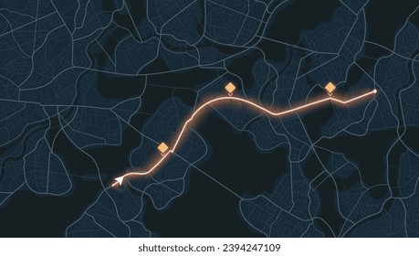 Gps tracking map. Abstract location tracks dashboard. Track navigation pins on street maps, navigate mapping, locate position pin. Futuristic travel map or location navigator vector