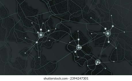 Gps tracking map. Abstract location tracks dashboard. Track navigation pins on street maps, navigate mapping, locate position pin. Futuristic travel map or location navigator vector