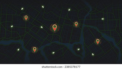 Gps tracking map, streets and blocks, route. Track navigation pins on street maps, navigate mapping technology and locate position pin. Futuristic travel gps map or location navigator vector