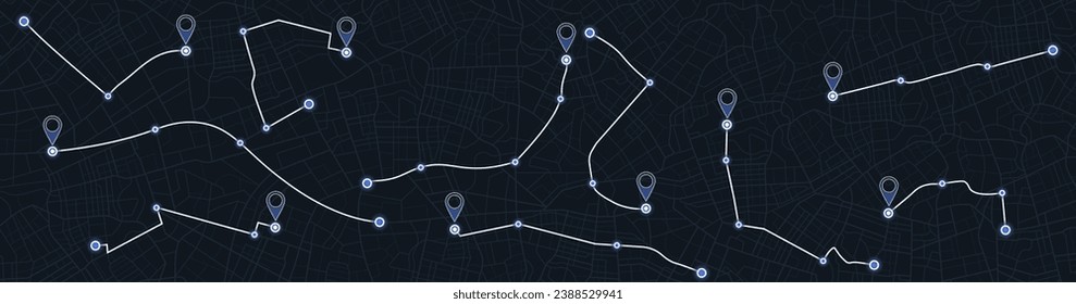 Gps tracking map, streets and blocks, route. Track navigation pins on street maps, navigate mapping technology and locate position pin. Futuristic travel gps map or location navigator vector