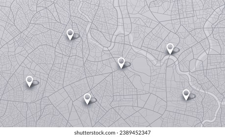 Gps tracking map, streets and blocks, route. Track navigation pins on street maps, navigate mapping technology and locate position pin. Futuristic travel gps map or location navigator vector