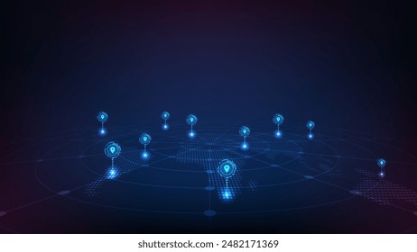 GPS tracking map. Track navigation pins with world map. Futuristic navigate mapping.