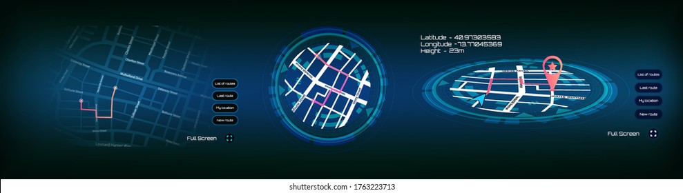 GPS tracking map UI, UX, GUI. Сity ​​map navigation with a round futuristic frame HUD. Design for gaming with locate position pin in perspective and frontal position. Vector GPS Location Navigator