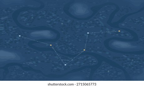 Ruta de seguimiento GPS con puntos de control amarillos. Mapa isométrico oscuro de la ciudad con ruta de navegación y waypoints. Ilustración vectorial.