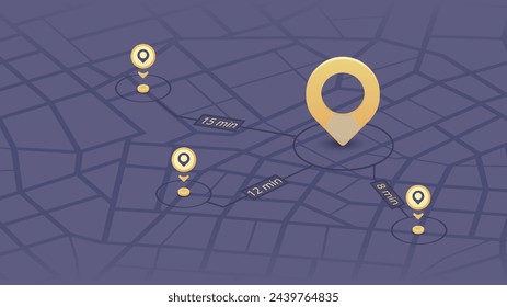 Sistema de seguimiento GPS para navegar por los puntos de referencia de la ciudad. Mapa detallado de la ciudad con direcciones a diferentes ubicaciones. Ilustración de vector
