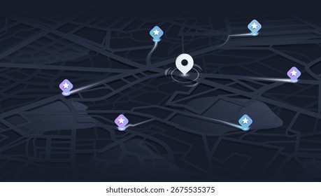 Sistema de rastreo GPS para navegar por las marcas de la ciudad. Abstractas mapa de la ciudad con los iconos de fondo y ubicación que marcan varios puntos de interés. Ilustración vectorial
