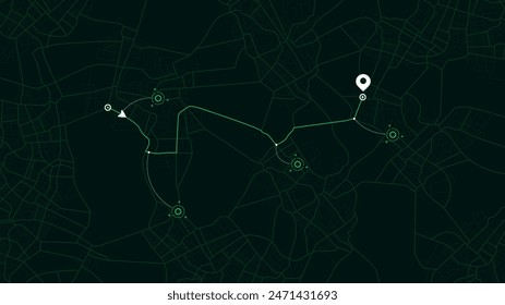 GPS tracking system to navigate to different locations. Navigation route to marker as goal of trip. Transportation and roads on abstract map. City route navigation. Vector illustration