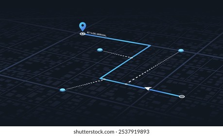 Sistema de rastreo GPS para navegar y encontrar el camino alrededor de la ciudad. Direcciones a diferentes lugares. Mapa de la ciudad con varios puntos de interés. Ilustración vectorial