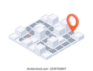 GPS tracking system navigate. Red marker as a goal is located in 3d buildings city layout, with streets and roads. Map of city layout and infrastructure. Vector illustration isolated, white background