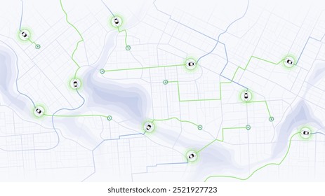 GPS tracking system for navigating car traffic. Concept of car with road and intersection. General city map with streets, roads. Navigation system for avoiding traffic jams. Vector illustration