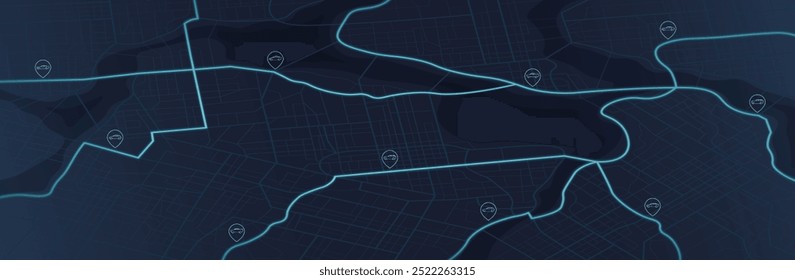 Sistema de rastreamento GPS para navegação no tráfego de carros. Conceito de carro com estrada e interseção. Mapa geral da cidade com ruas, estradas. Sistema de navegação para evitar engarrafamentos. Ilustração vetorial