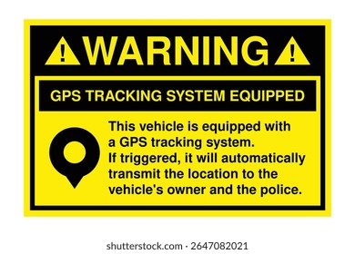 Sinal de aviso do sistema de rastreamento GPS - Aviso de segurança do veículo amarelo com ícone de exclamação - Imagem vetorial de alta qualidade