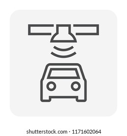 Gps tracking vector icon with satellite and car. Vehicle tracking system for safety, live online location on map, control driverless on devices i.e. locator, tracker, mobile phone, computer. 64x64 px.