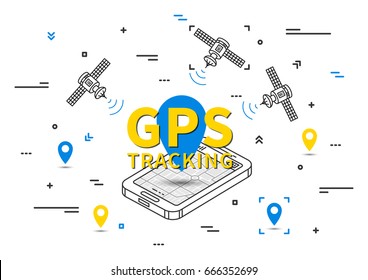 GPS tracking vector illustration. Tracking system with satellite graphic design. GPS navigation wireless technology line art concept.
