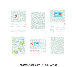 GPS UI elements kit. Geographical positions with pins. Maps isolated vector icon, bar and dashboard template. Web design widget collection for mobile application with light theme interface