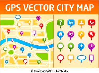 Gps vector city map with navigation icons
