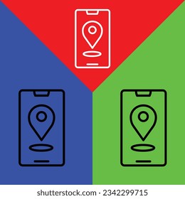 Icono del vector GPS, estilo de contorno, aislado en fondo rojo, azul y verde.