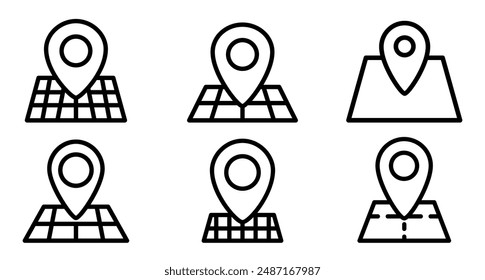 GPS vector icons set. Black map pin icon. Minimalistic linear icon of a location pin marking a spot on a simple map