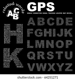 GPS. Colección de letras del vector. Ilustración con diferentes términos de asociación.