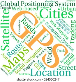 GPS word cloud on a white background. 